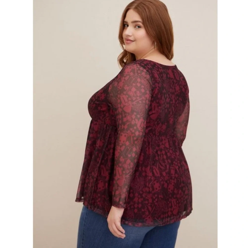 TORRID NWT DISNEY VILLAINS LONG SLEEVE CINCH FRONT TOP MESH QUEEN OF HEARTS - Picture 5 of 7